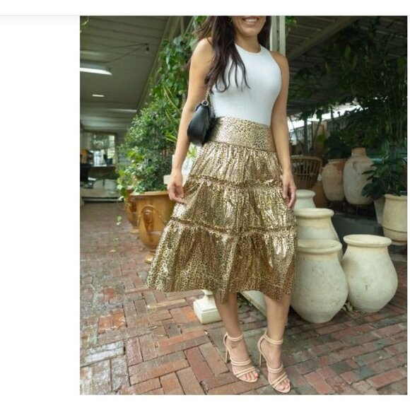 New York & Company Foil Leopard Print Skirt XXL Gold Metallic Tiered Ruffle - Picture 5 of 12